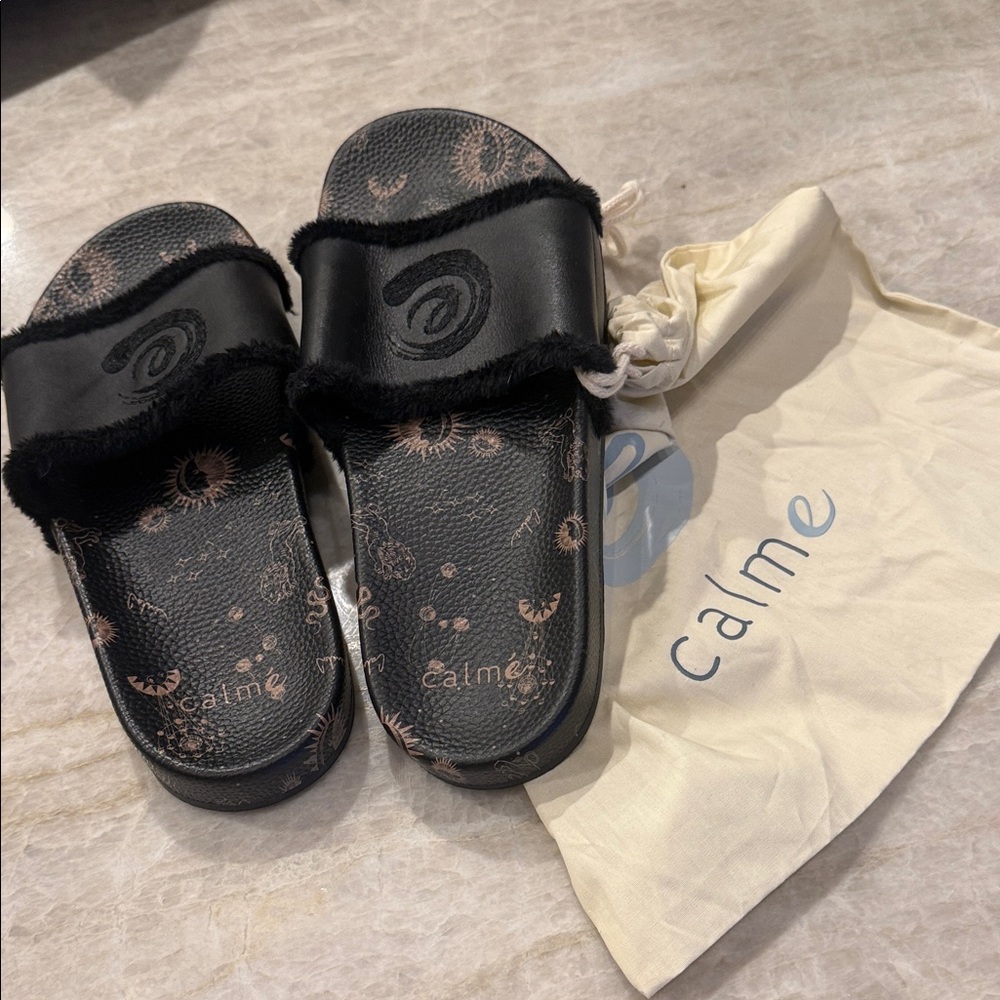 Johnny Was Calme Astrology Leather Black Fur Slide  with Sun Print